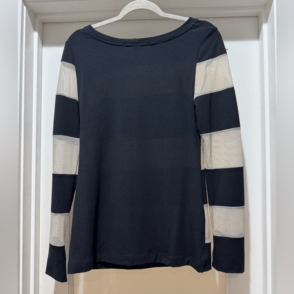 Anatomie Black Cream Stripe Mesh Long Sleeve Top Size M Travel Luxe Lightweight - Picture 7 of 13